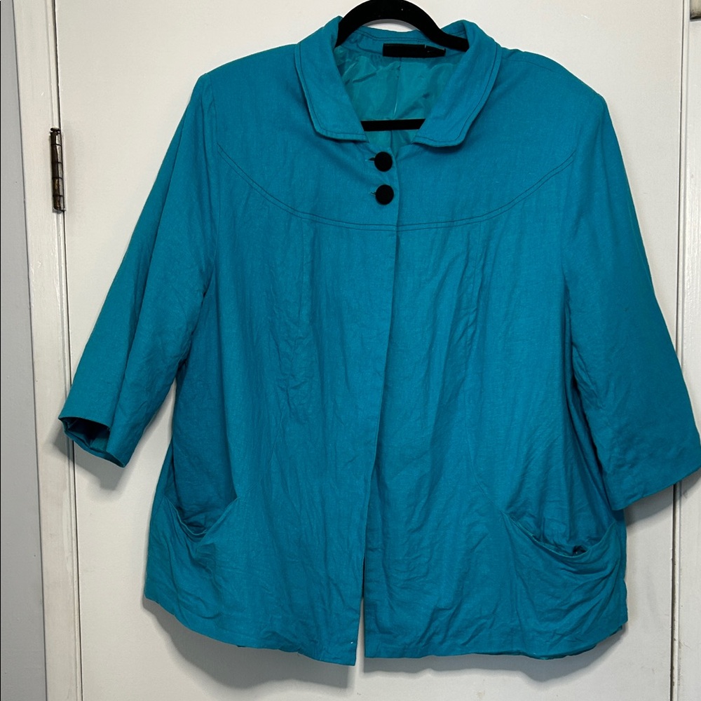 Maggie Barnes Teal 2 Top Button Jacket 3/4 Sleeve 2 Pockets